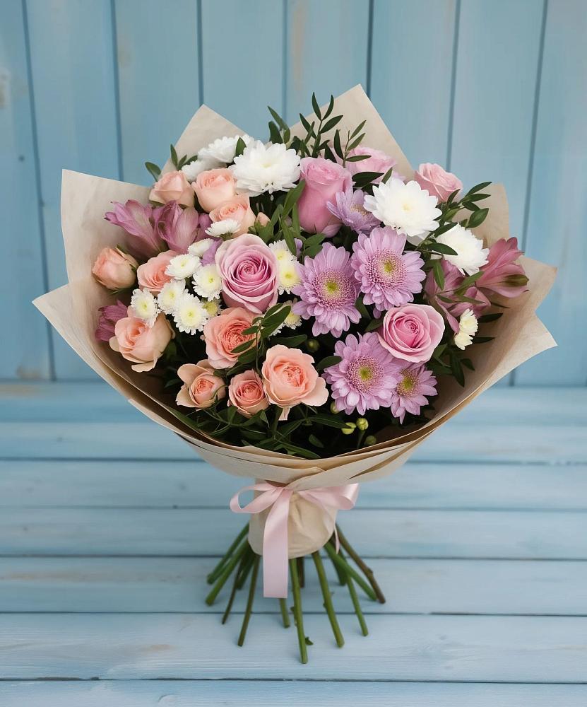 Букет цветов из: Хризантемы, Розы и Альстромерии в Виллози