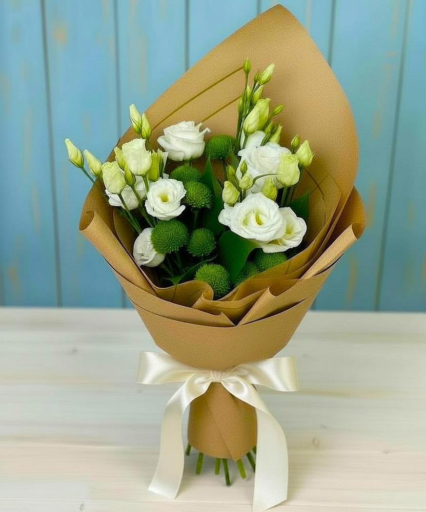 Букет цветов из: Хризантемы и Лизиантусы в Виллози