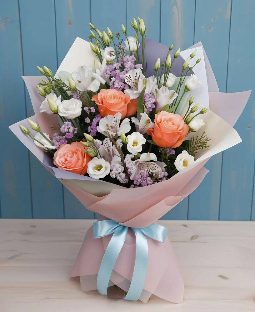 Букет цветов из: Лизиантусы, Розы, Альстромерии и Гипсофила в Виллози