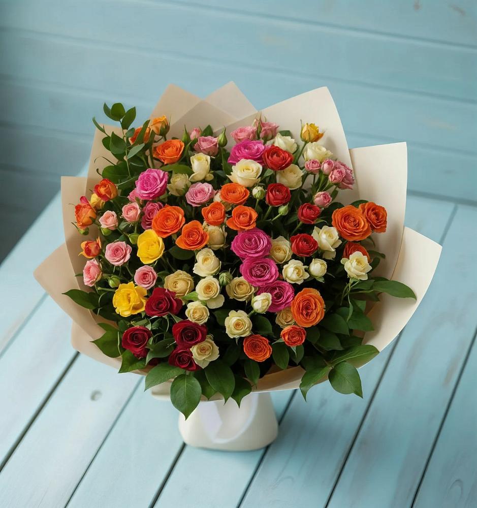 Букет Микс из разноцветных кустовых роз в Виллози