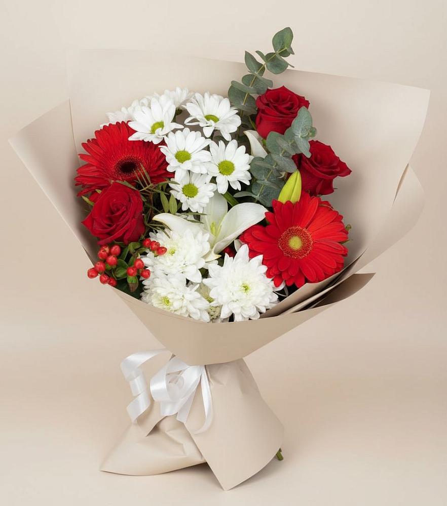Букет цветов из: Розы, Хризантемы, Герберы и Лилии в Виллози