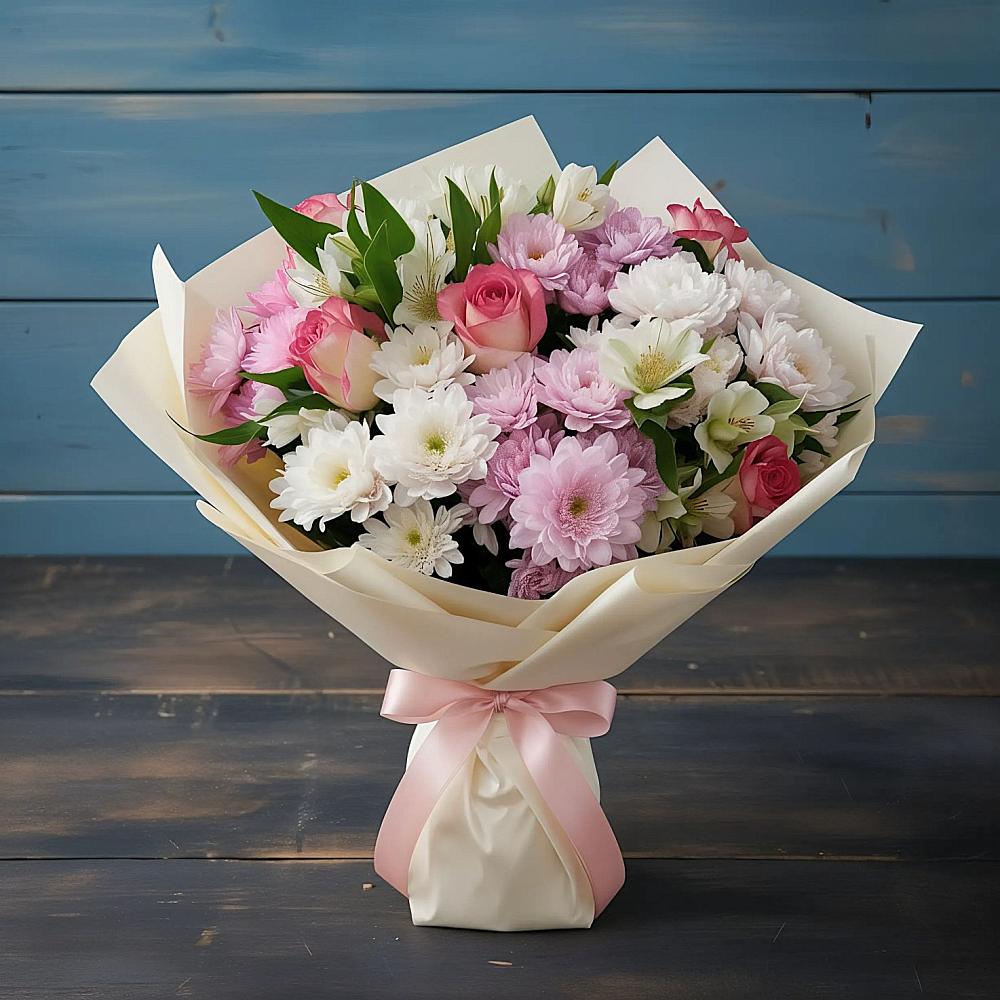 Букет цветов из: Хризантемы, Альстромерии и Розы в Виллози